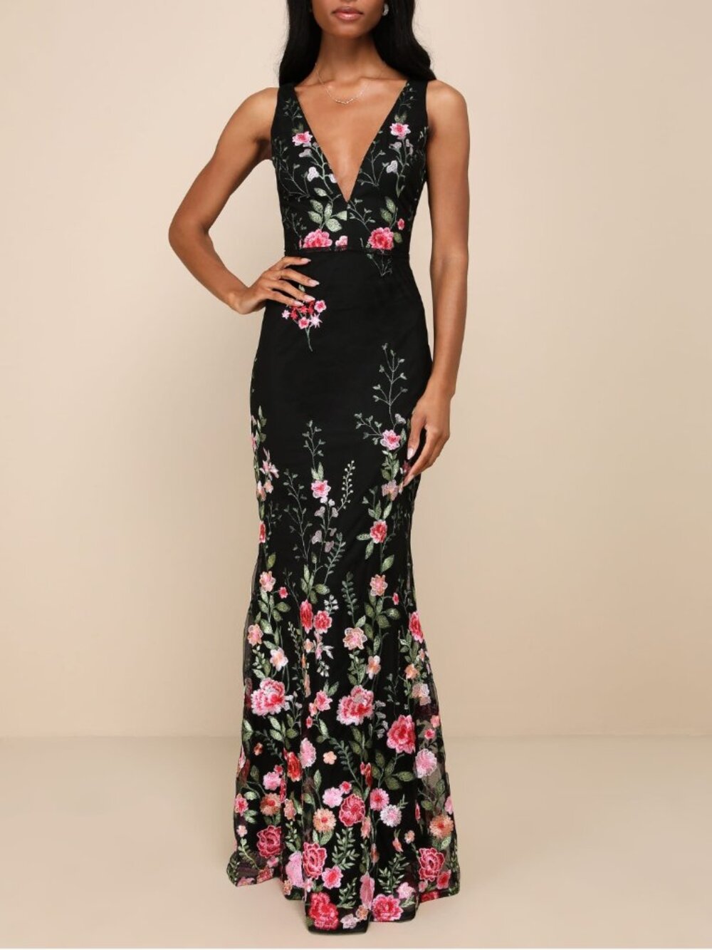 Soiree Blossom Black Floral Embroidered Mermaid Maxi Dress
